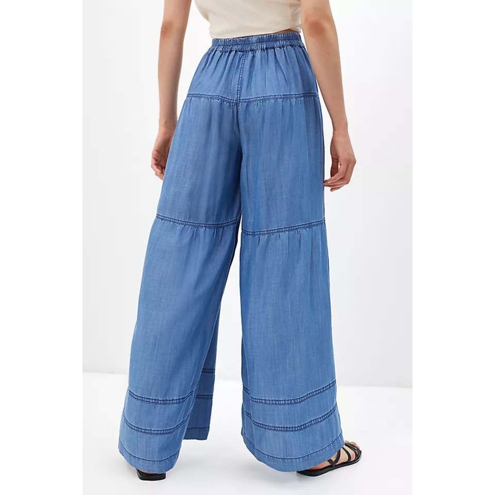 Anthropologie Current Air Chambray Tiered Wide Leg Pant M Blue Flowy Modern Boho - Picture 5 of 16